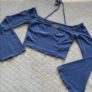 Blue off the shoulder bell sleeve halter crop top| SHEIN | Large |NWOT